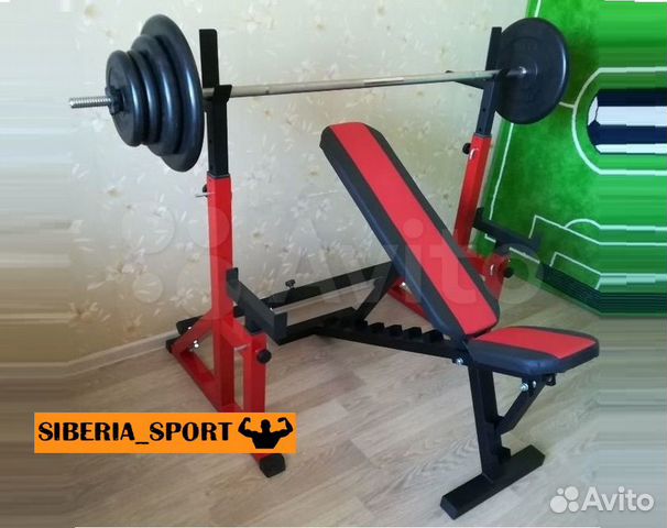 Скамья + стойки для жима и приседаний, штанга