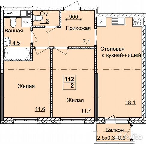 2-к квартира, 54.6 м², 3/18 эт.