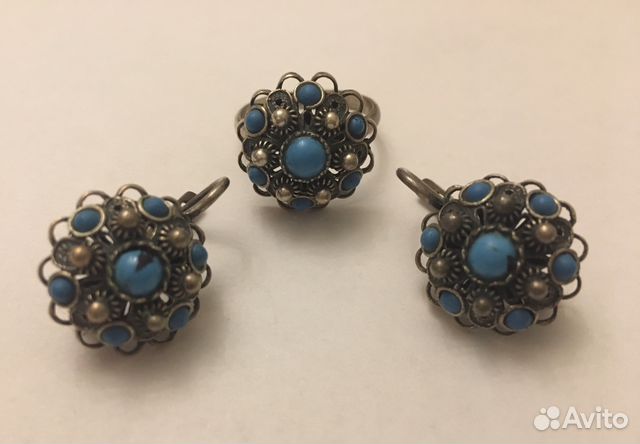 Винтаж: серьги кольцо СССР бирюза серебро 875 Винтаж: серьги кольцо СССР бирюза серебро 875