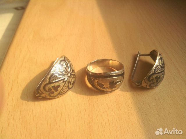 Комплект серьги и кольцо кубачинское серебро