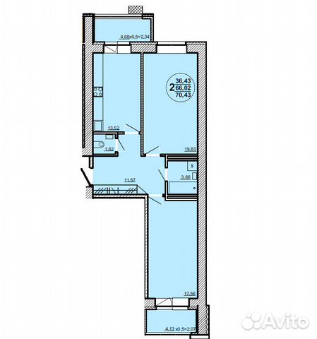 2-к квартира, 70.4 м², 6/15 эт.