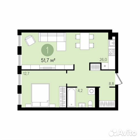 1-к квартира, 51.7 м², 2/17 эт. 1-к квартира, 51.7 м², 2/17 эт.