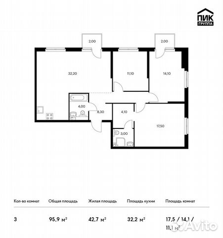3-к квартира, 95.9 м², 6/12 эт. 3-к квартира, 95.9 м², 6/12 эт.