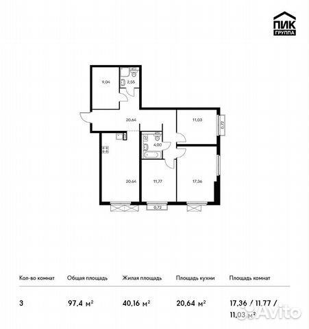 3-к квартира, 97.4 м², 7/20 эт.