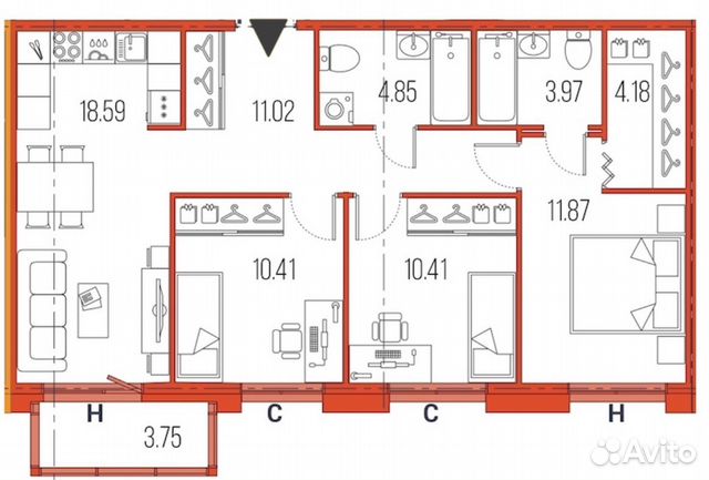 3-к квартира, 75.3 м², 5/22 эт.