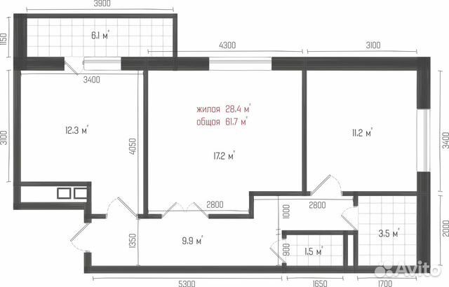 2-к квартира, 61.7 м², 4/16 эт. 2-к квартира, 61.7 м², 4/16 эт.