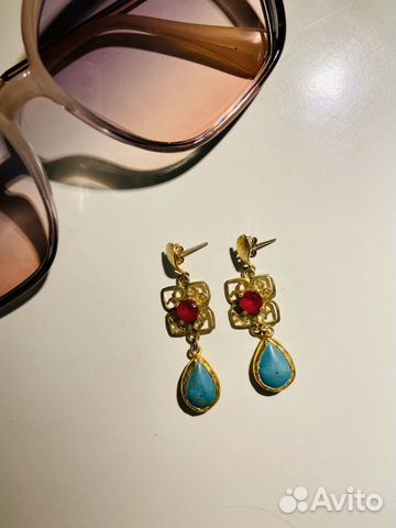 Серьги позолоченные с бирюзой и малиновым кварцем