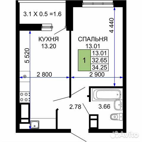 1-к квартира, 34.2 м², 19/24 эт. 1-к квартира, 34.2 м², 19/24 эт.