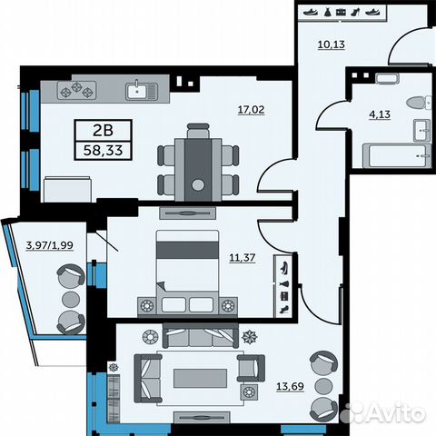 2-к квартира, 58.3 м², 11/26 эт.