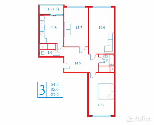 3-к квартира, 87.2 м², 3/17 эт.