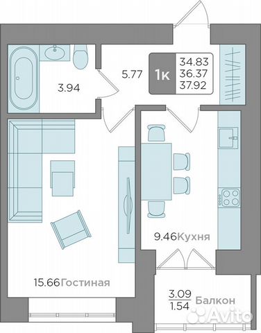 1-к квартира, 36.4 м², 7/9 эт. 1-к квартира, 36.4 м², 7/9 эт.