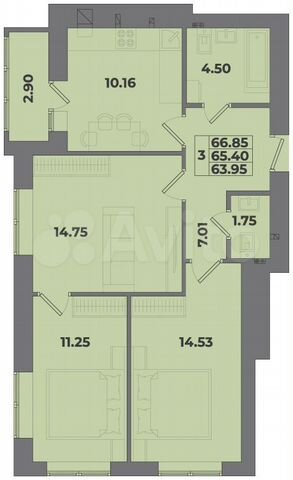 3-к. квартира, 66,9 м², 2/10 эт.