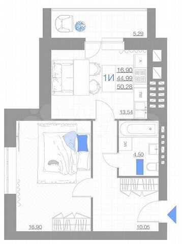 1-к. квартира, 50,3 м², 2/5 эт.