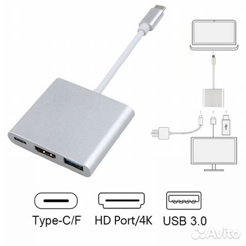 Адаптер с USB-C на hdmi 4K + USB3.0 + Type C