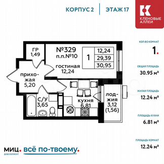 1-к квартира, 31 м², 17/17 эт.