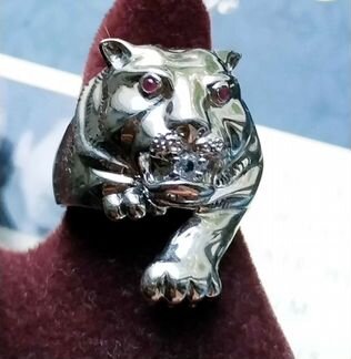 Печатка серебро кольцо Пантера рубины стиль Картье