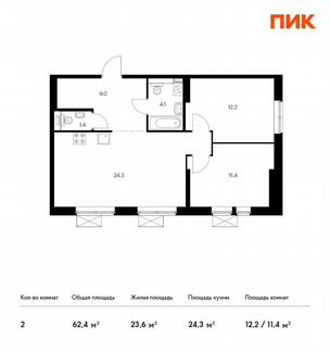 2-к квартира, 62.4 м², 3/33 эт.
