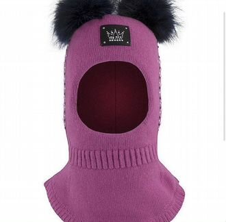 Шапка шлем с натуральным помпоном