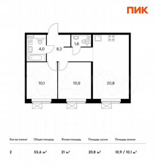2-к квартира, 55.6 м², 23/25 эт.