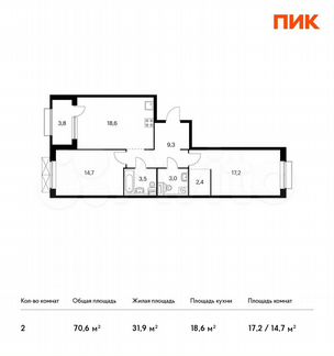 2-к квартира, 70.6 м², 6/17 эт.